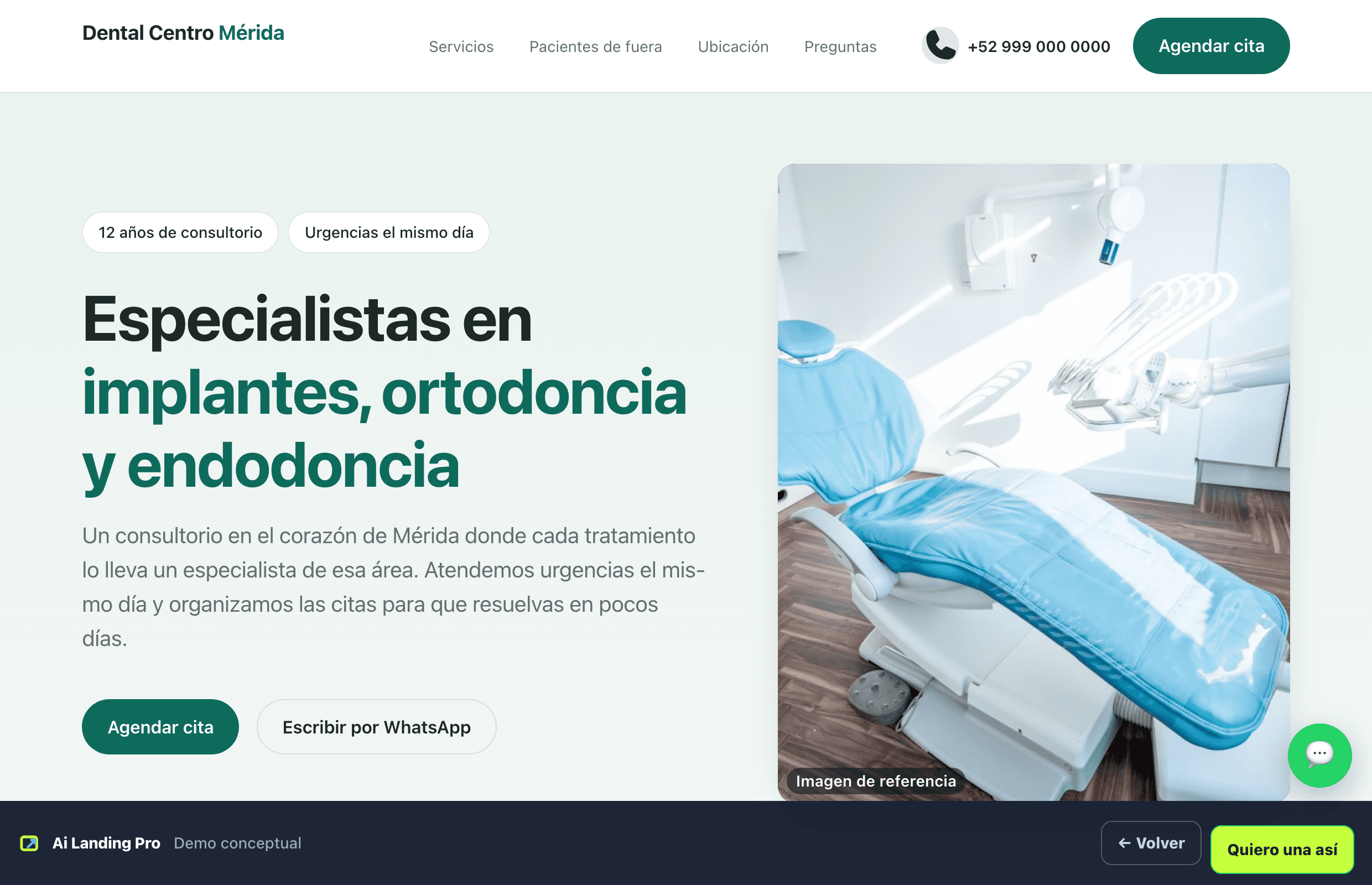 Web de muestra para una clínica dental: especialidades, credenciales y botón de agendar cita